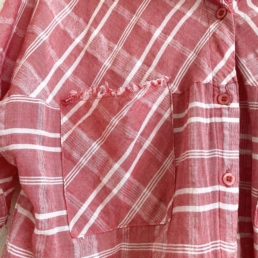 UMGEE Southern‎ Bohemian Gingham Oversized Shirt Fringed Red White Women's L - Picture 3 of 10